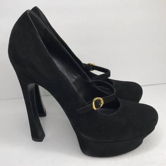 YSL Yves Saint Laurent Black Suede Tribtoo Mary Jane Platform Heels Size 38 - Picture 6 of 16